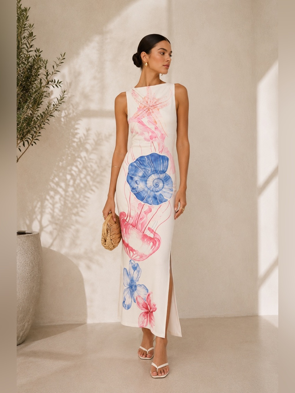 Commense Ivory Maxi Dress with Pink & Blue Marine Print